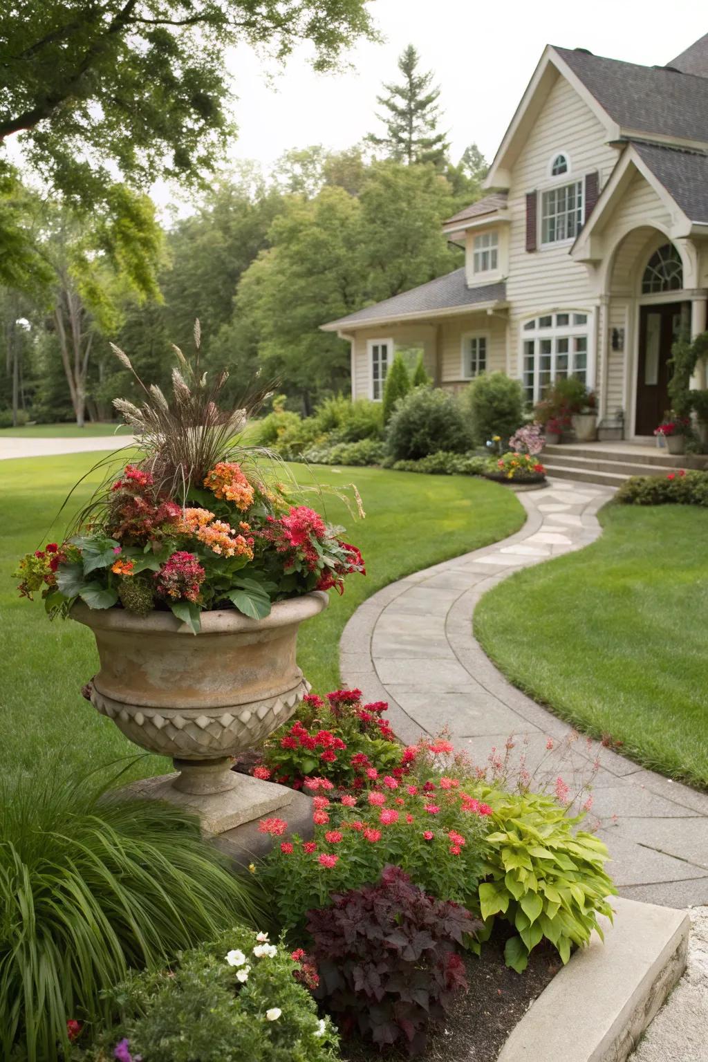 A feature element such as a planter can serve as a striking point of focus.