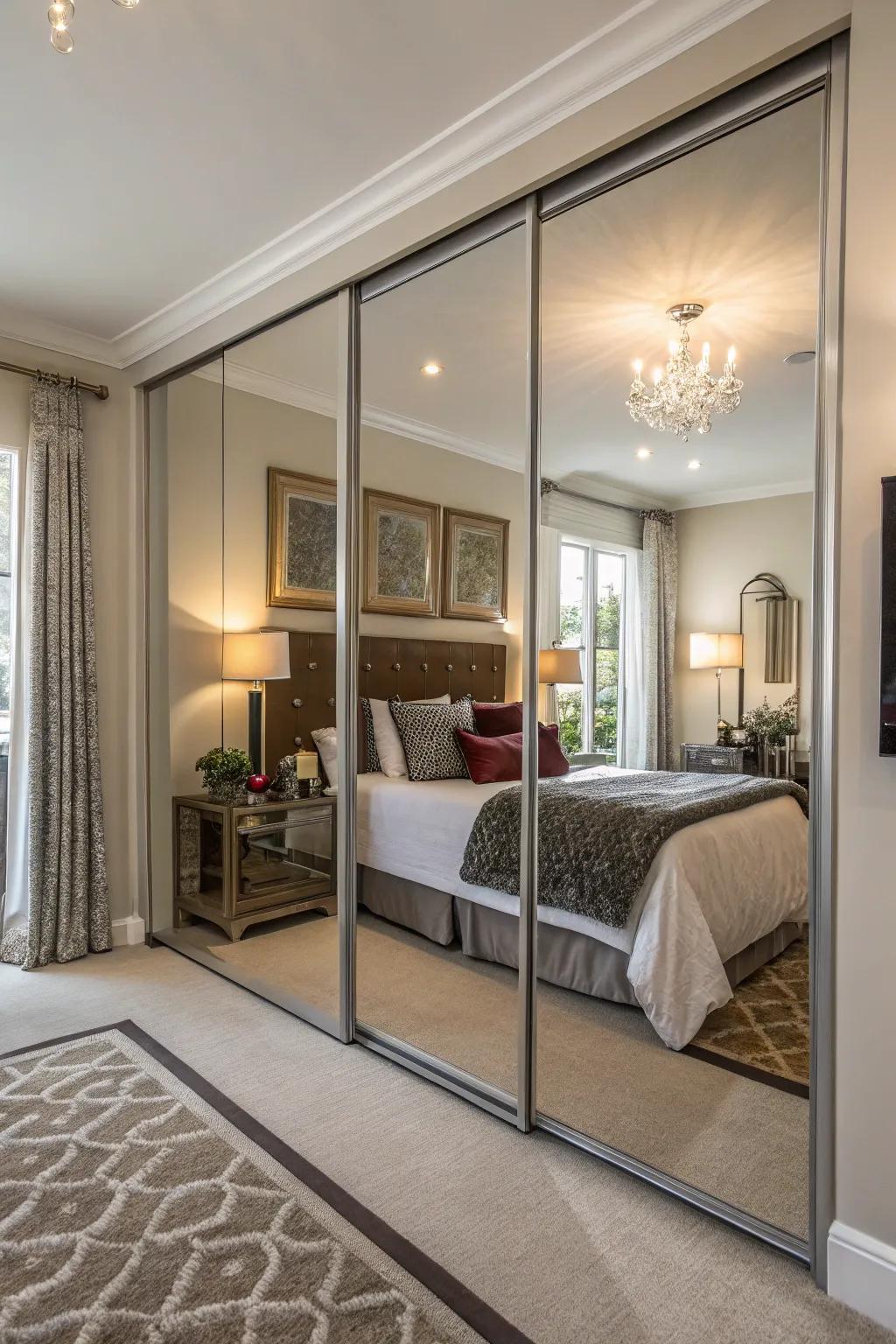 Mirrored closet doors conserve space and contribute a contemporary touch.