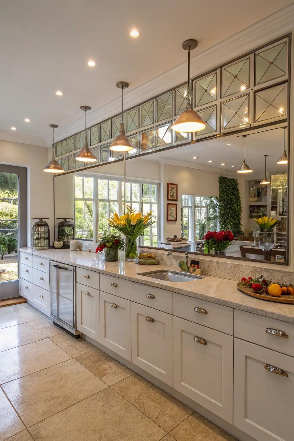 Mirrors channeling light to brighten and illuminate the kitchen.