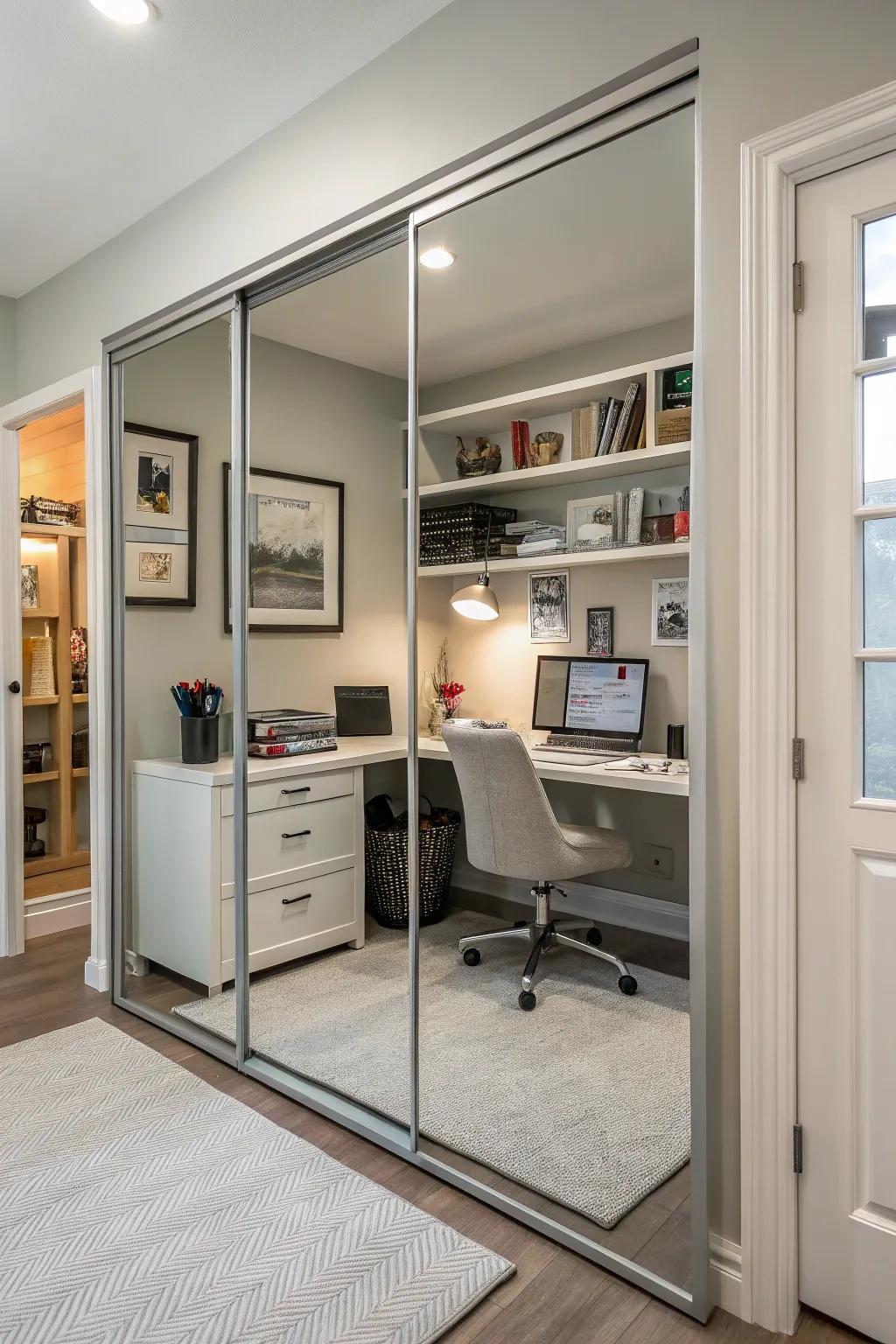 Use mirrored closets to amplify natural light in home offices.