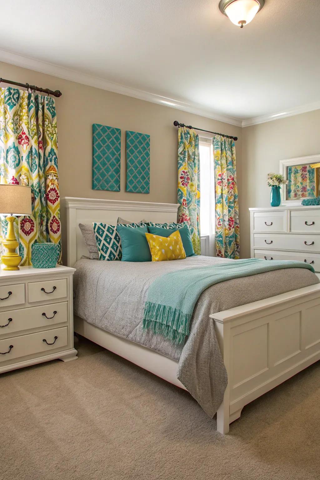 Neutral foundation with colorful highlights offers versatile design flexibility.