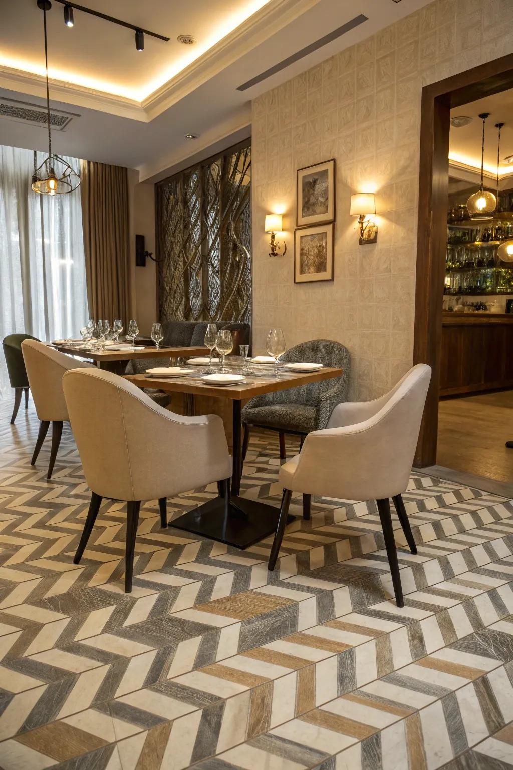 Chevron tiles add an artistic touch to a dining area.