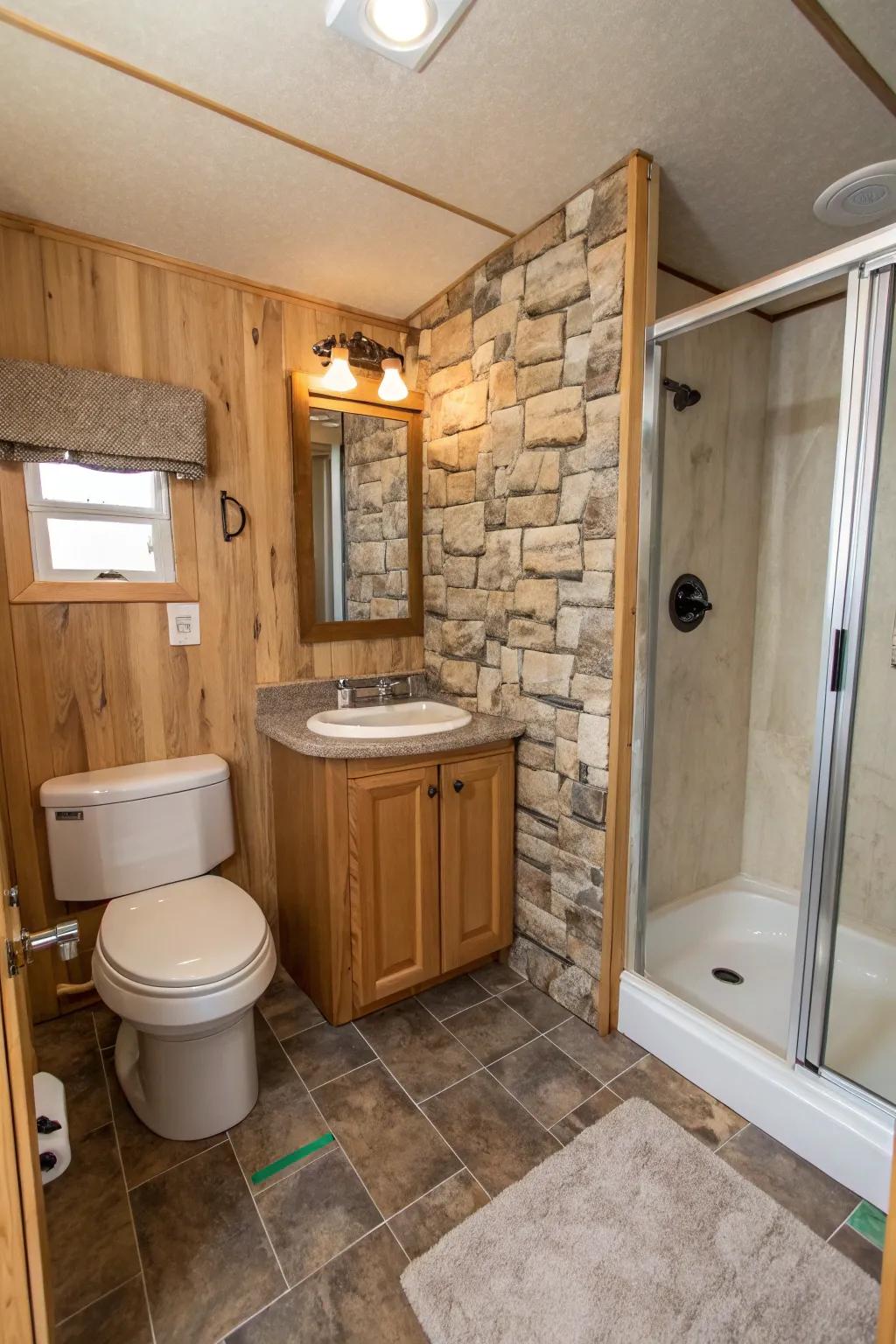 Textured accents inject richness and uniqueness to this bathroom.