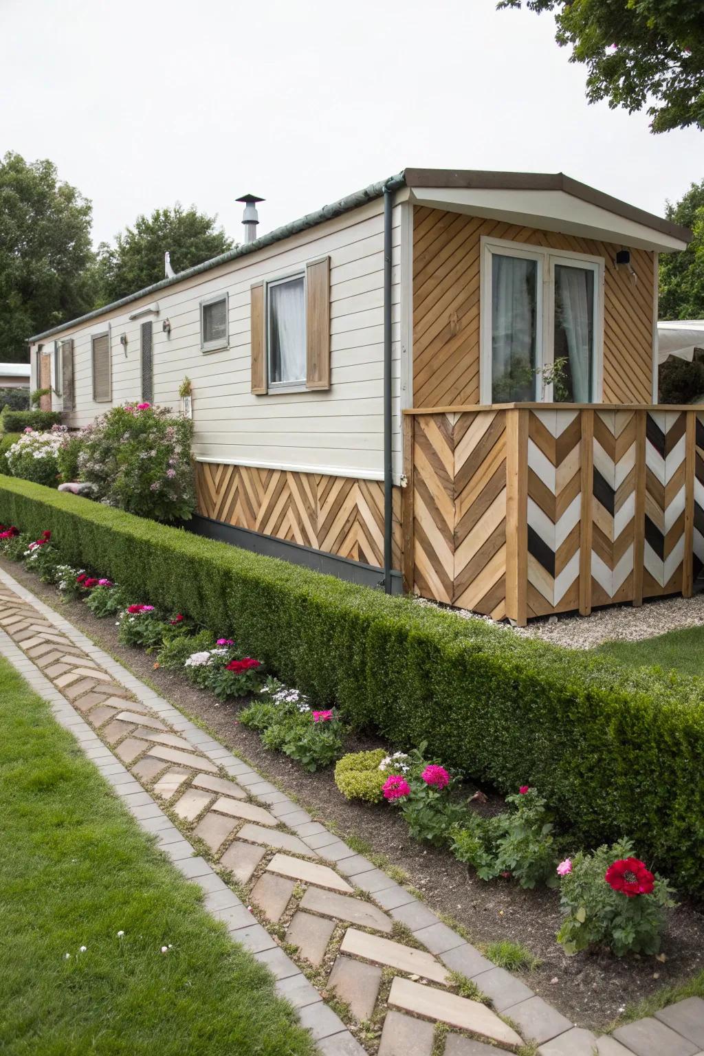 The chevron patterns offer a sense of action to the lumber skirting.
