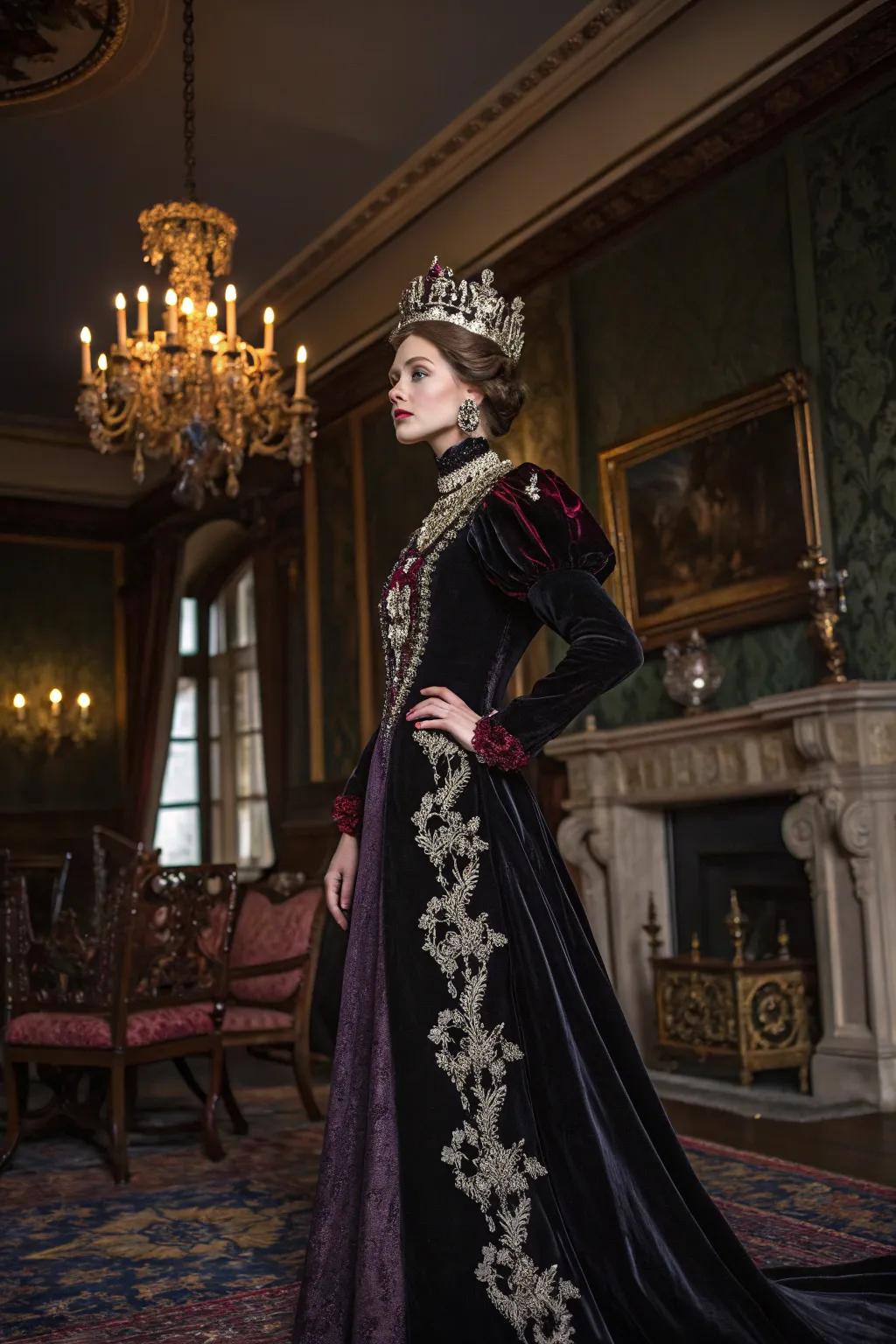 A regal and dark-inspired costume with rich textures.