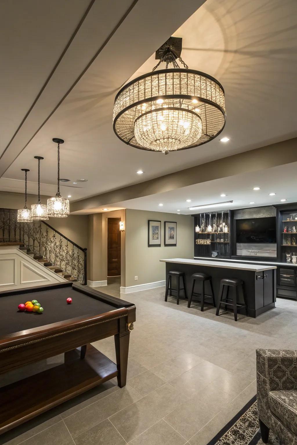 A statement ceiling fixture becomes the centerpiece of the basement.