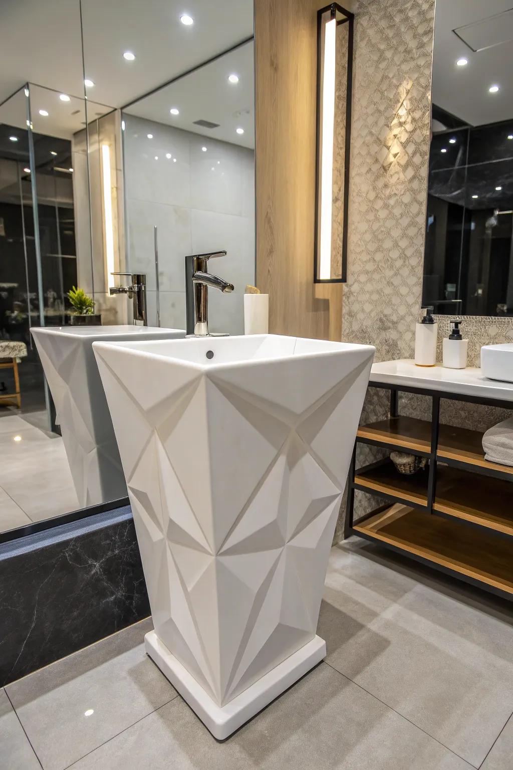 Geometric sinks create a striking layout statement.