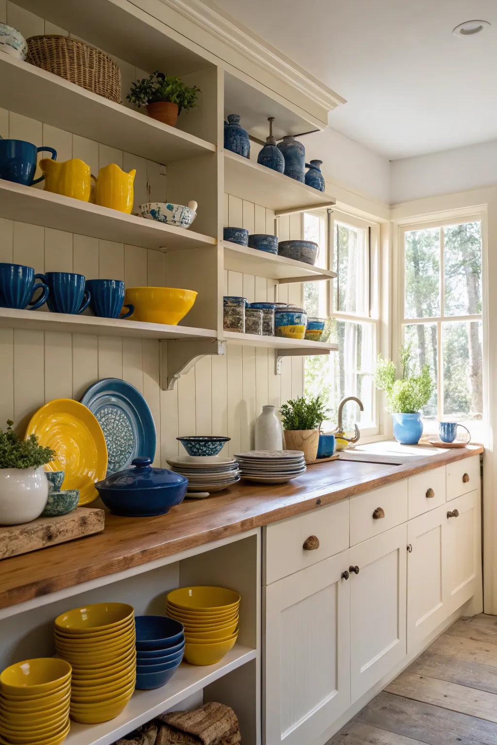 Exposed racks emphasize multihued dishware, crafting a welcoming display.