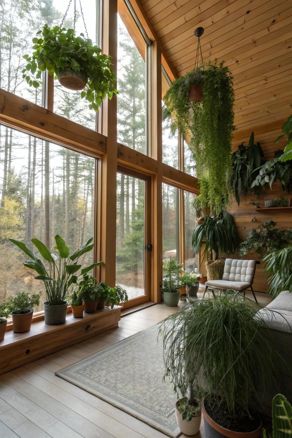 Lush greenery enlivens the natural vibe of a cabin.