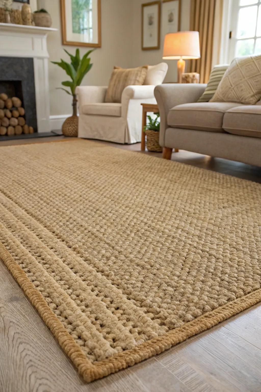 A sitting room features a carpet crafted from natural threads, presenting a sustainable decor choice.