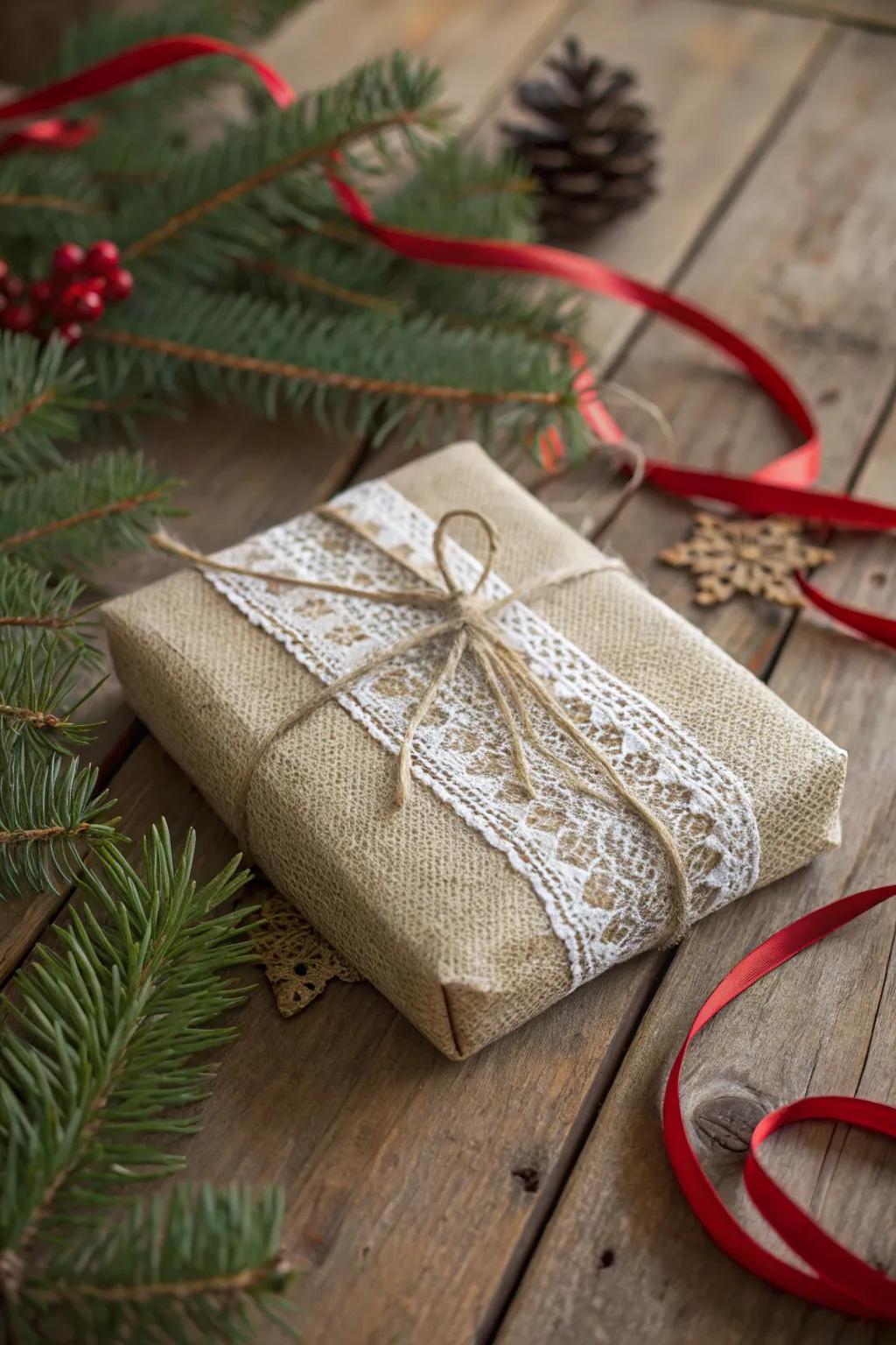 A textured gift wrapped with coarse cloth and delicate material, delivering a rich and welcoming tangible experience.