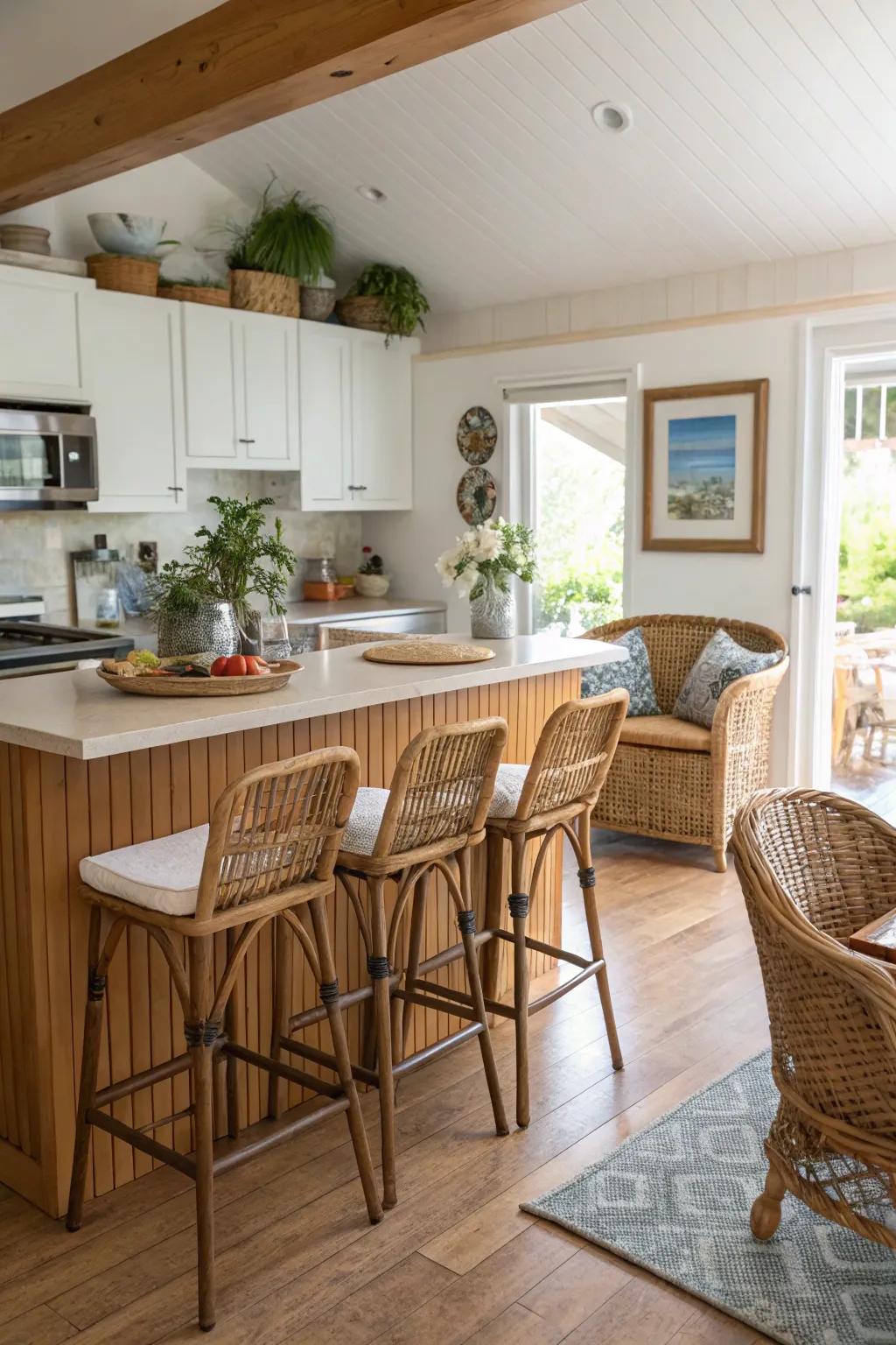 Wicker furnishings introduce a trace of relaxed elegance to this kitchen.