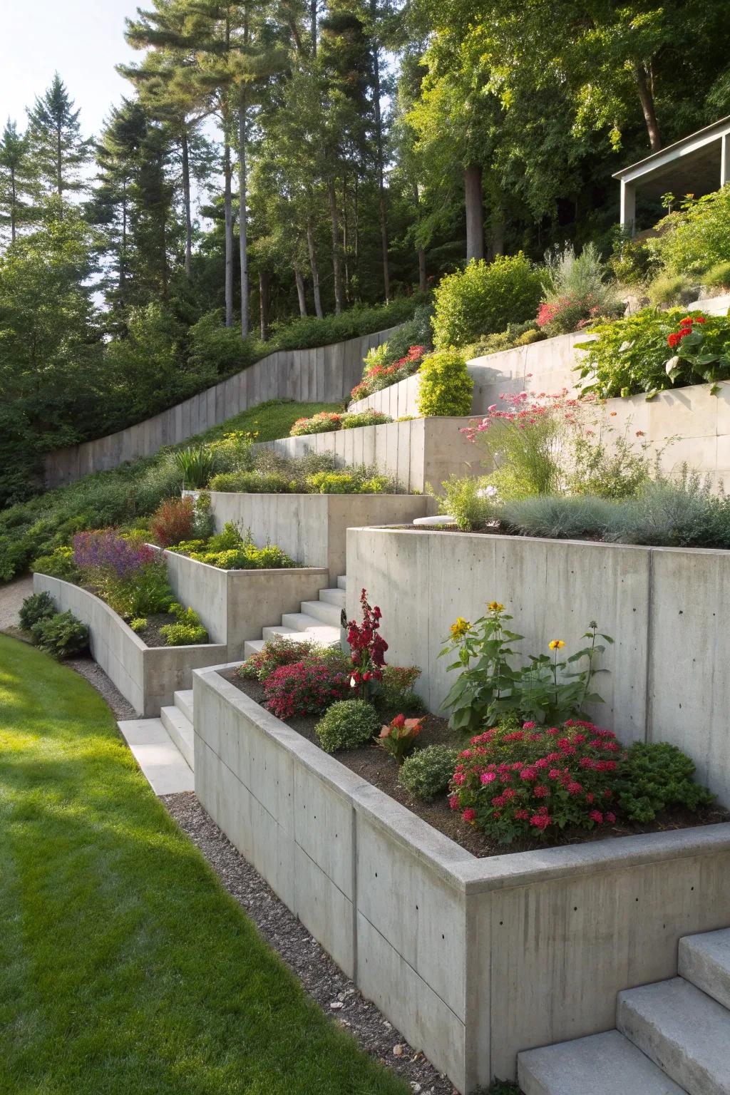 Variable height reinforced walls for a dynamic landscape.