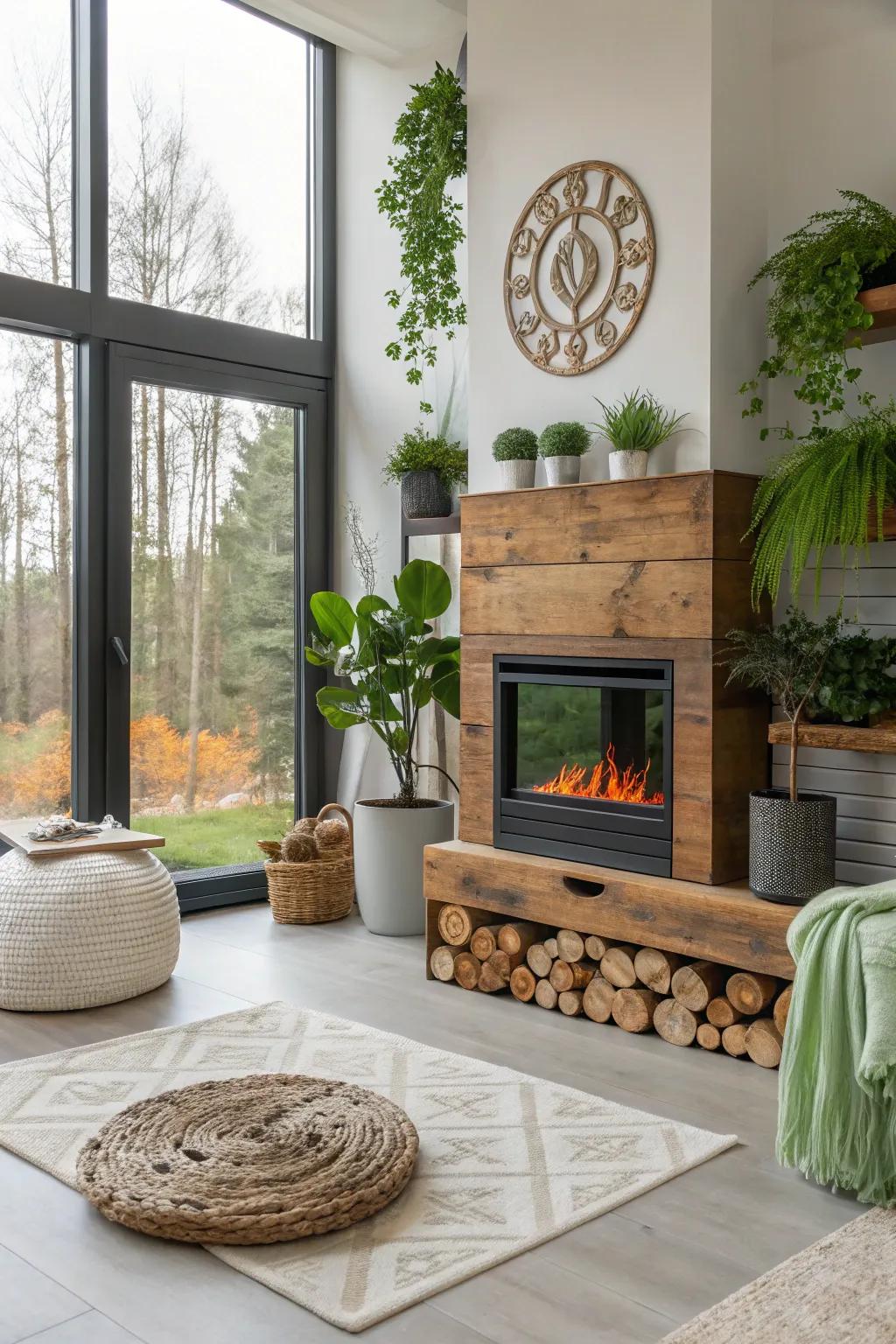 A modern home featuring an eco-friendly electric fireplace with sustainable decor.