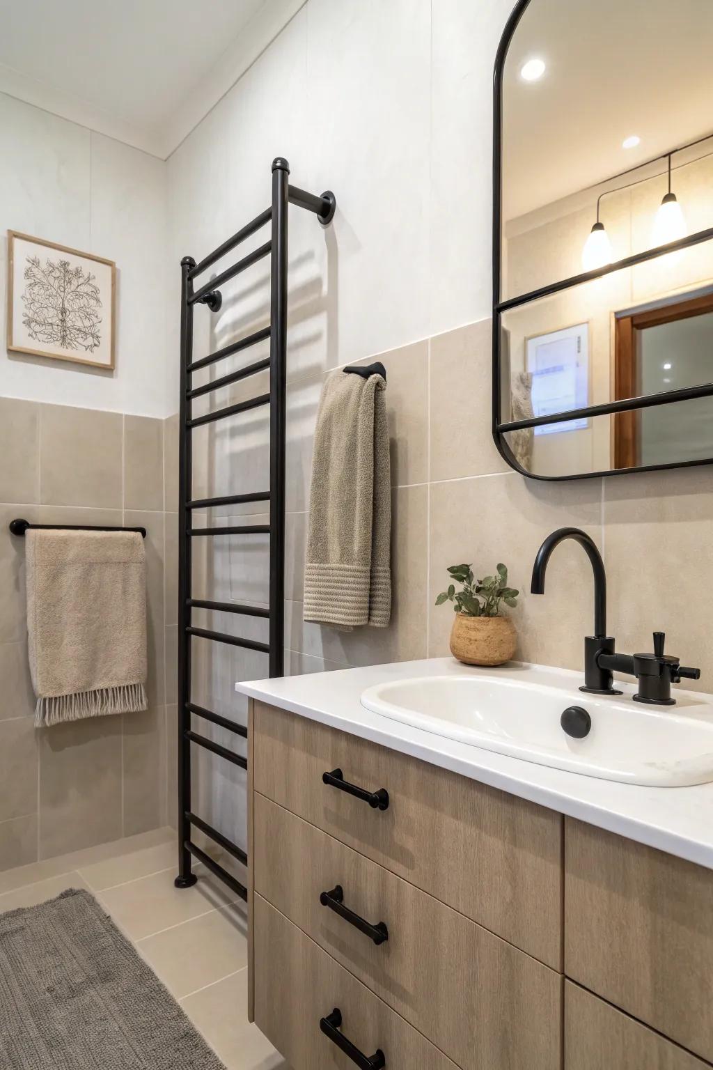 Dark fixtures provide a modern contrast in this bathroom.