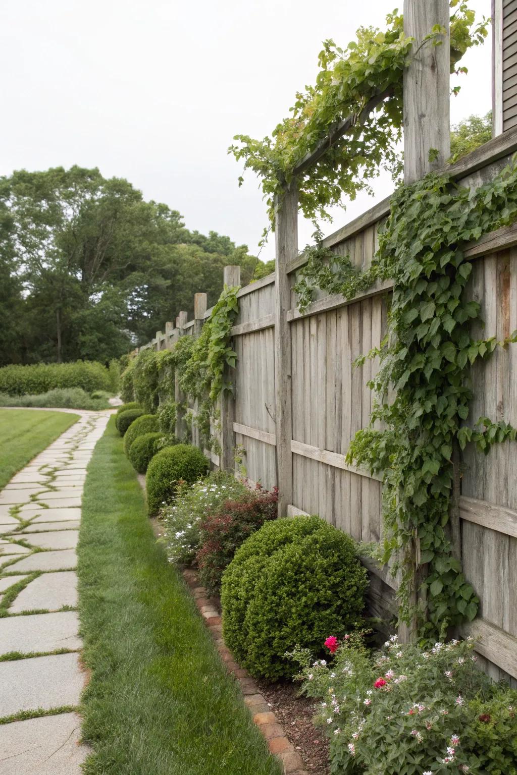 A seamless integration of fence and landscaping crafts a harmonious and natural living design.