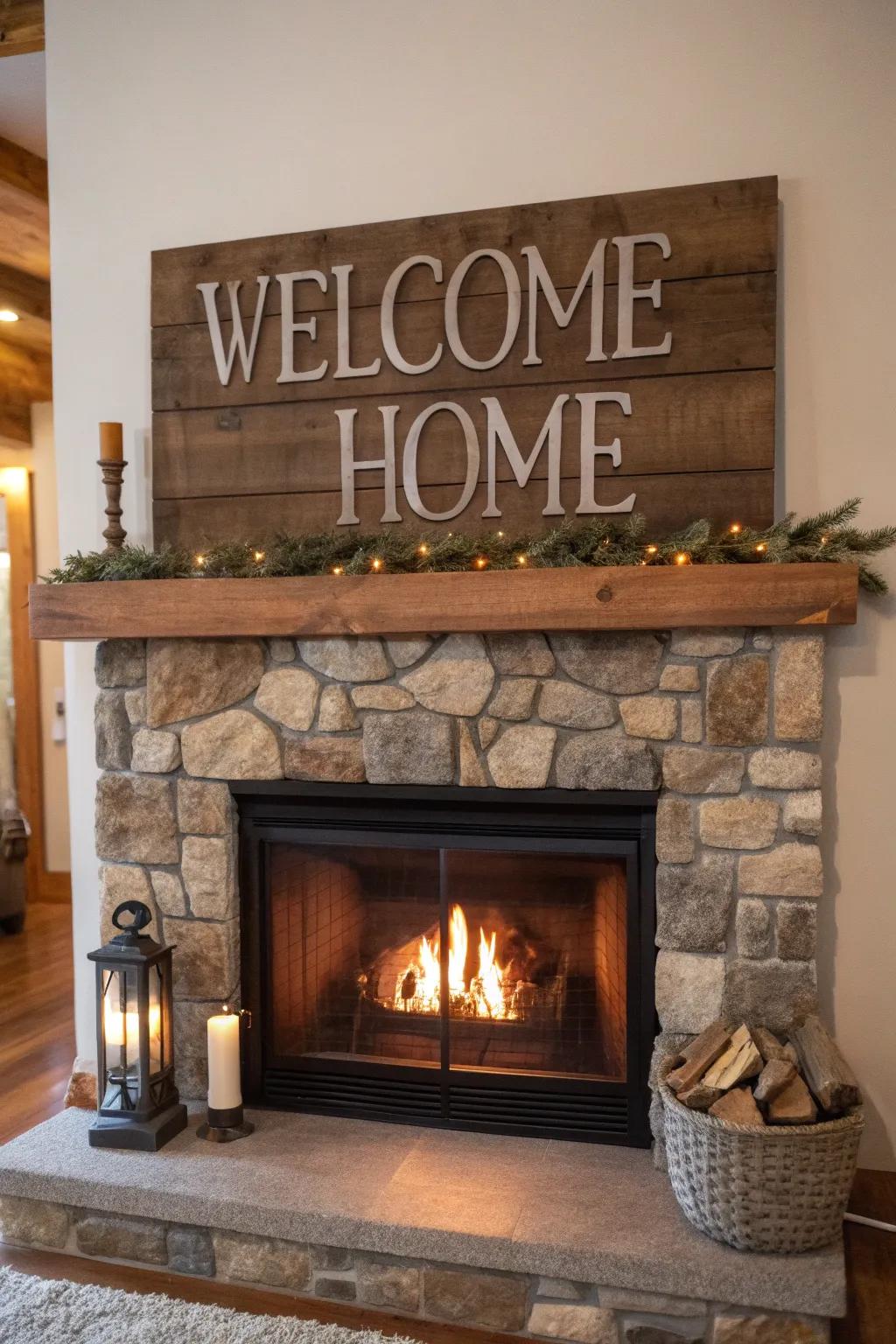 Country-style boards add a nostalgic aspect to the hearth ornamentation.