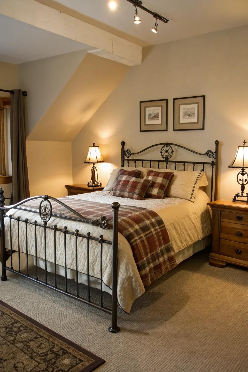 A metal bed frame enhances the country charm in this guest bedroom.