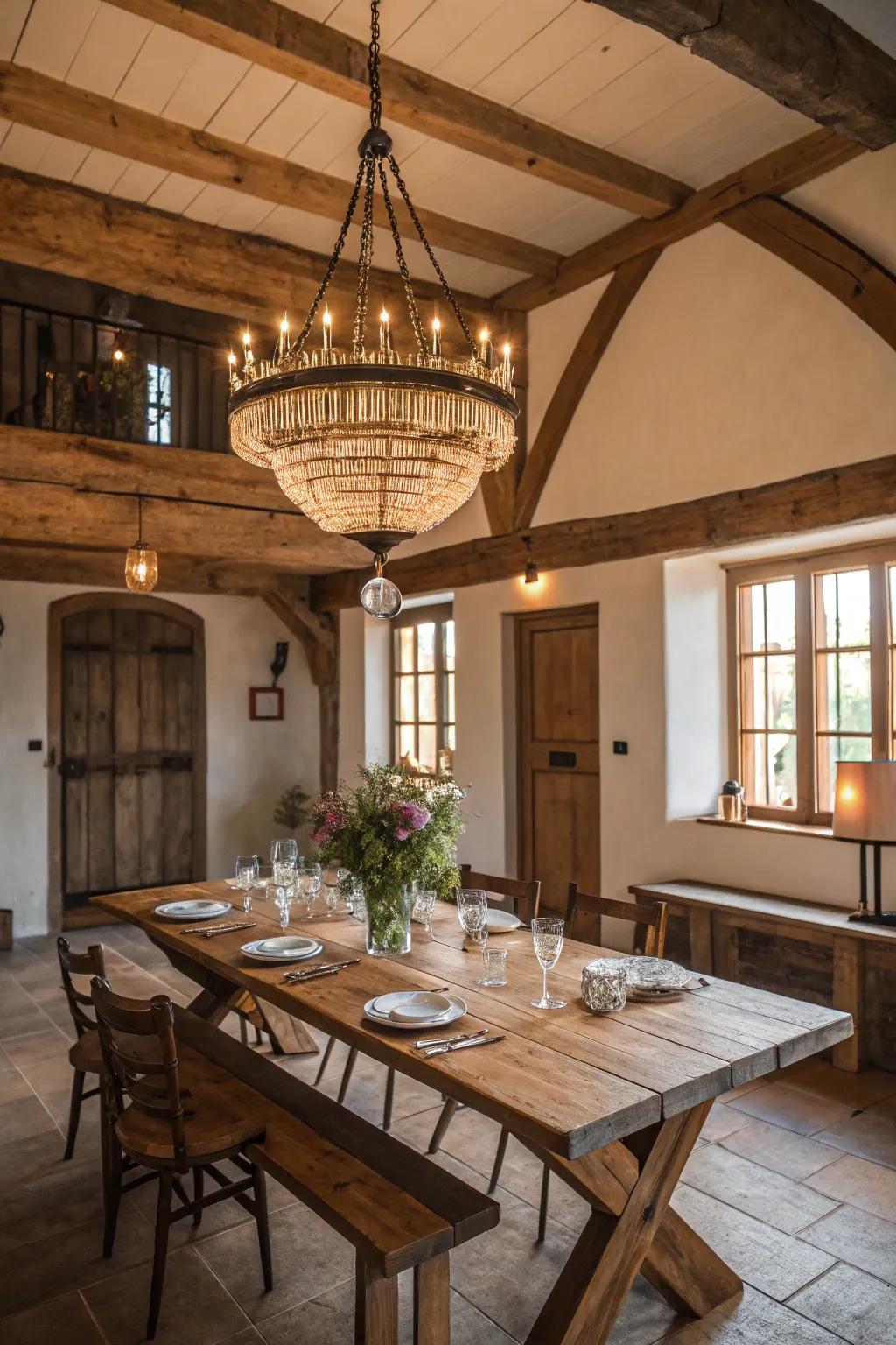 Farmhouse chandeliers stand out in dining areas.