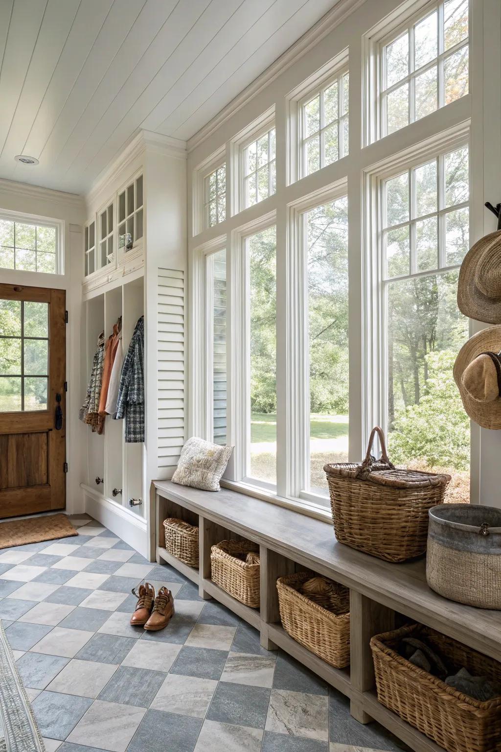 Light mudroom with plenty of sunlight.