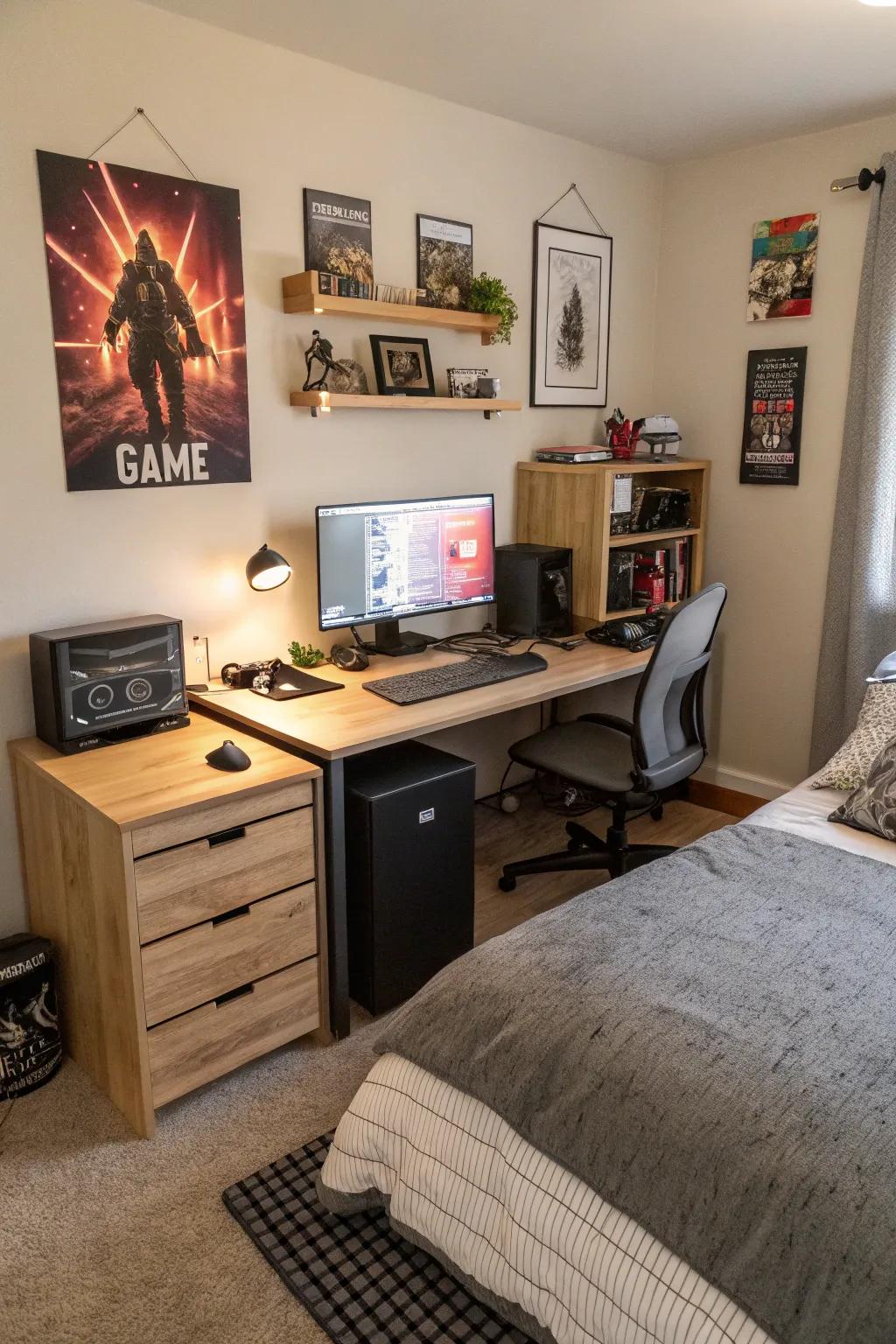 A room with a desk that serves multiple purposes, designed for both gaming and work.