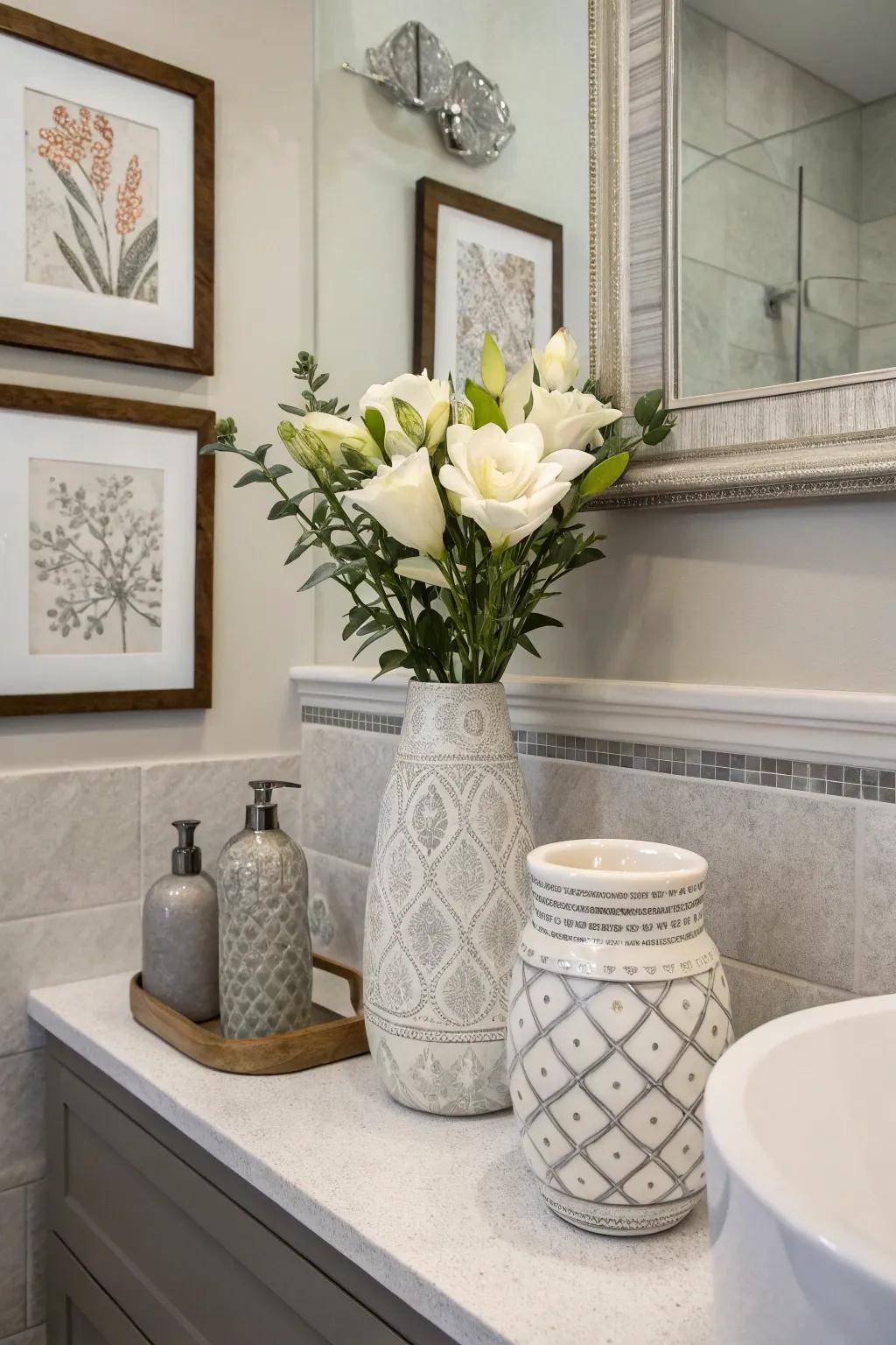 Decorative elements personalize and elevate the bathroom's aesthetic.