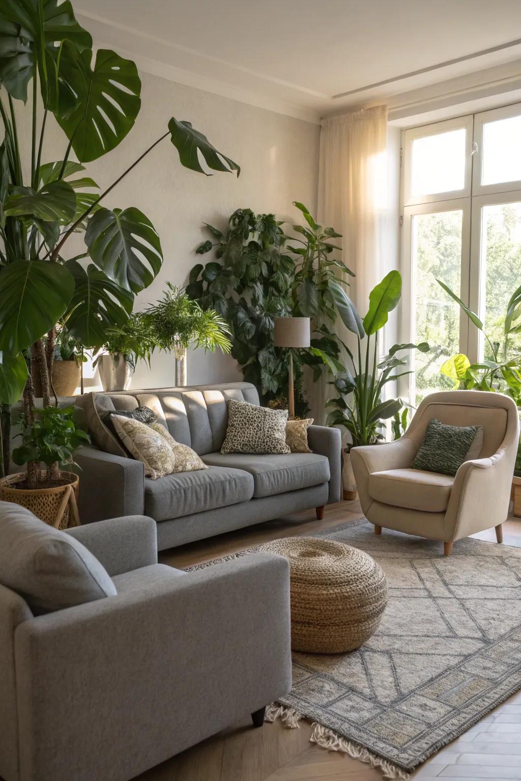 Green foliage introduces a refreshing element to the neutral palette.