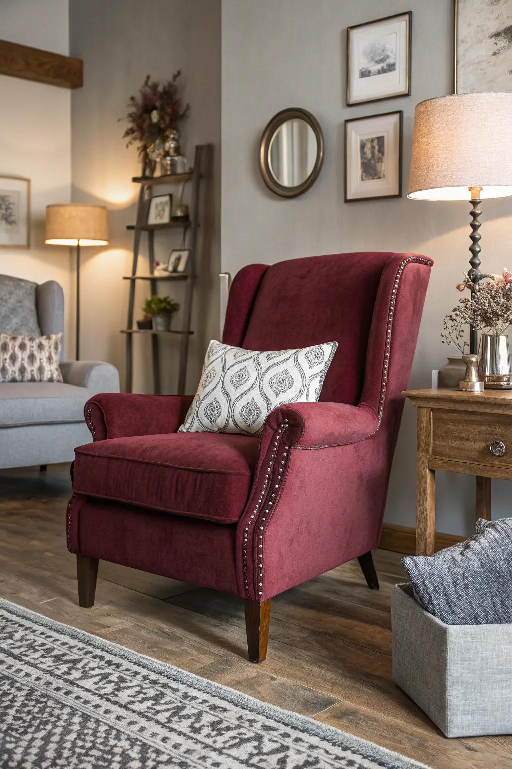 Living area featuring a bold crimson chair and neutral decor elements.