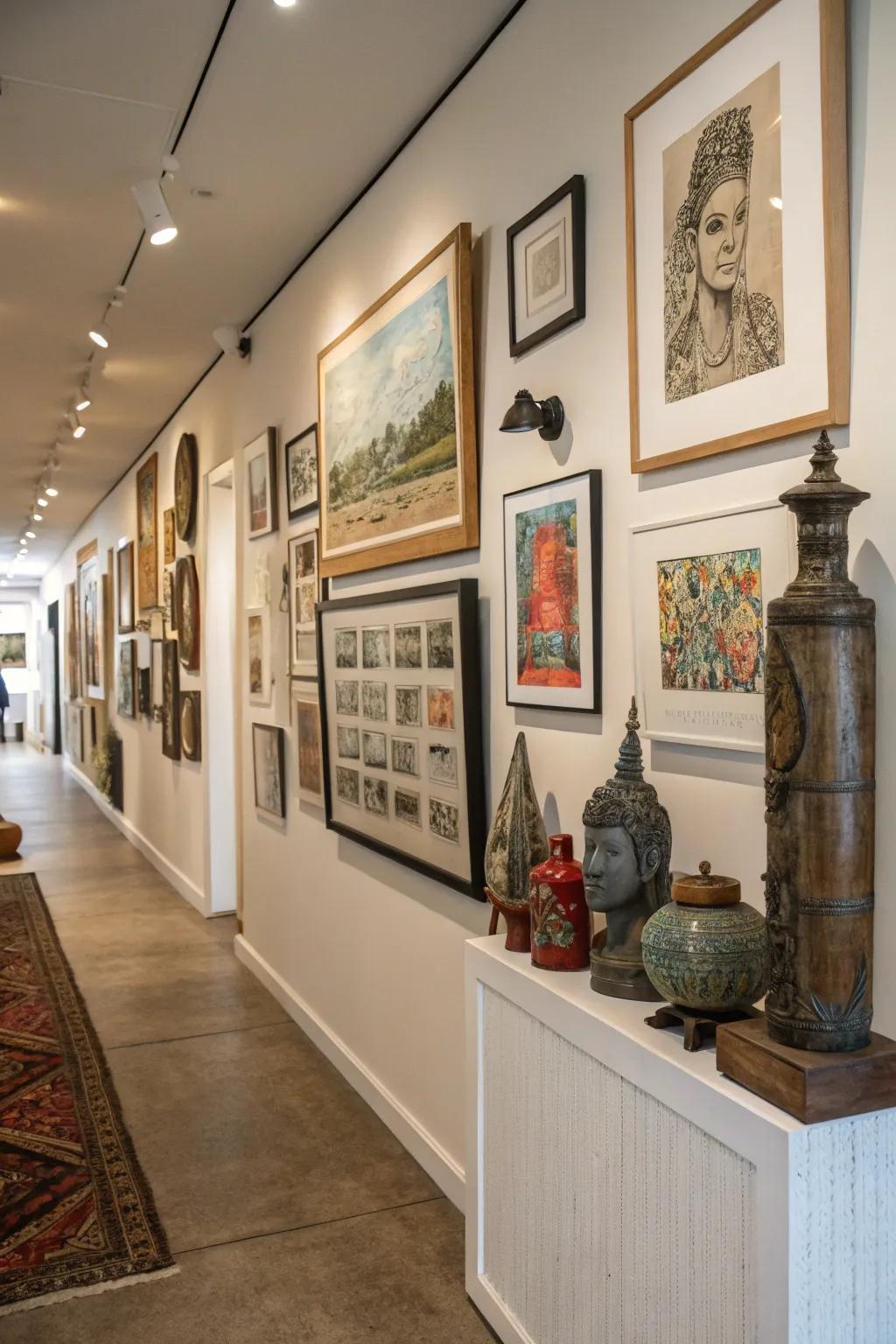 A half wall transformed into an art showcase adds charm and personality.