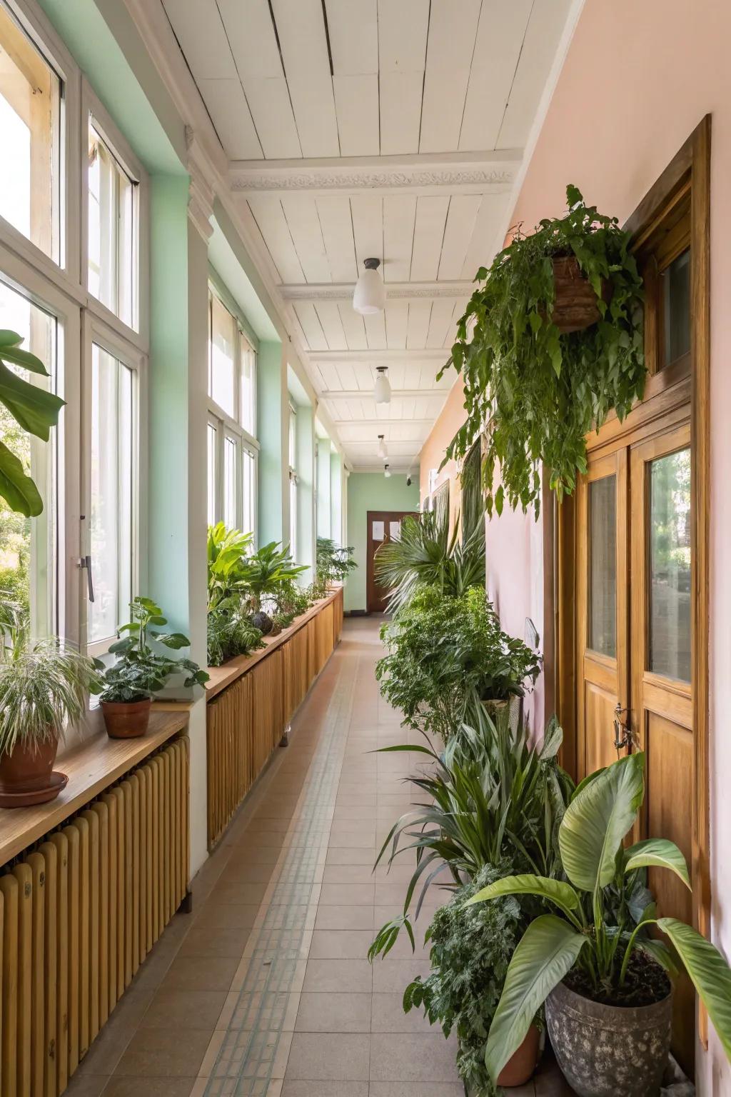 Natural elements bring a refreshing vibe to the hallway.