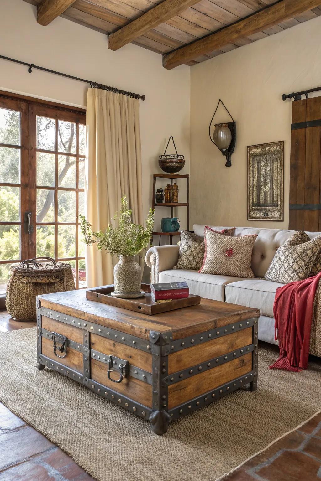 A layered living space filled with rich designs and materials.