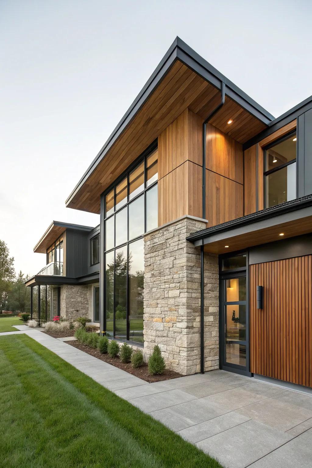 A modern home exterior featuring a mix of contrasting materials.