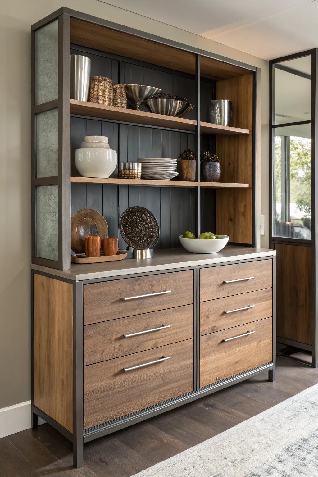 A mix of surfaces enriches depth and visual intrigue to the hutch.
