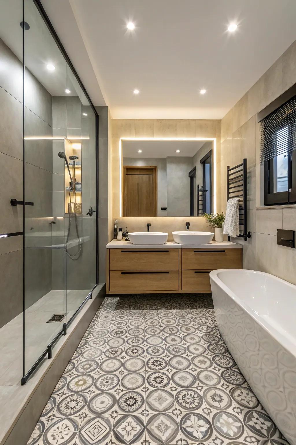 Blueprints provide creative inspiration for bathroom arrangements.