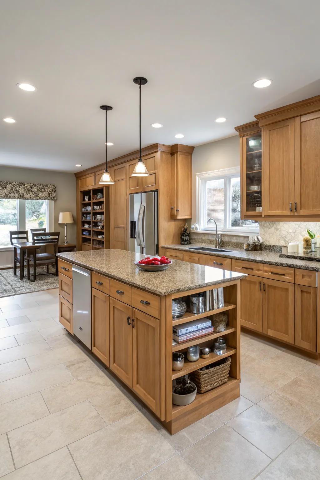 A central island elevates both functionality and flair in contemporary kitchens fitted with oak.