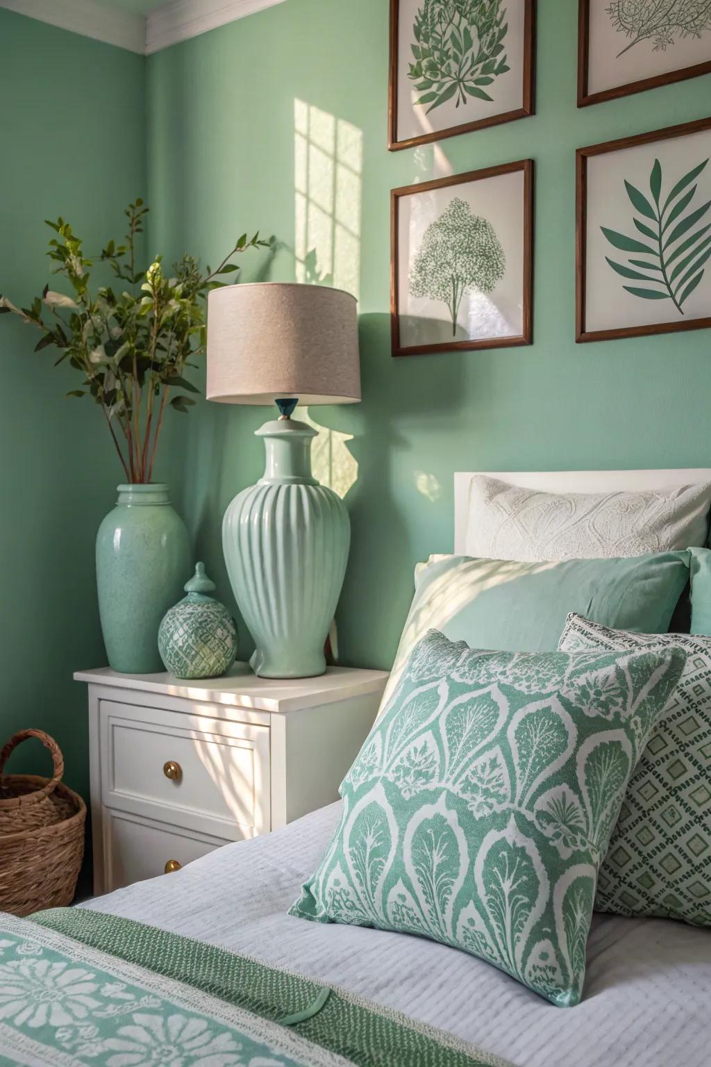 Subtle mint green accents in a modern bedroom.