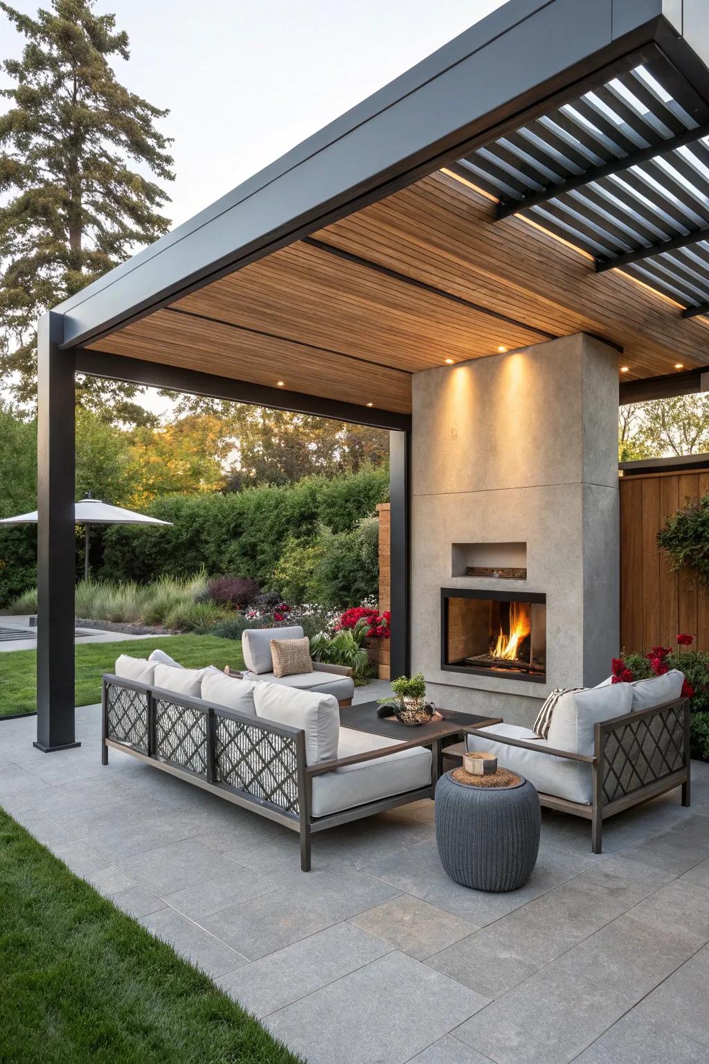 A fireplace adds warmth and charm to your pergola.