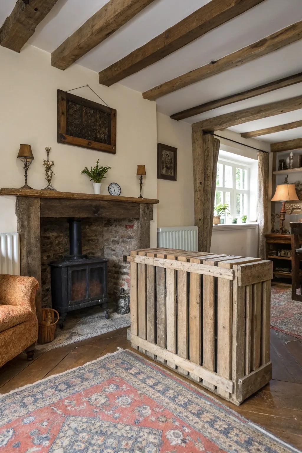 A rustic radiator cover crafted from reclaimed wood pallets.