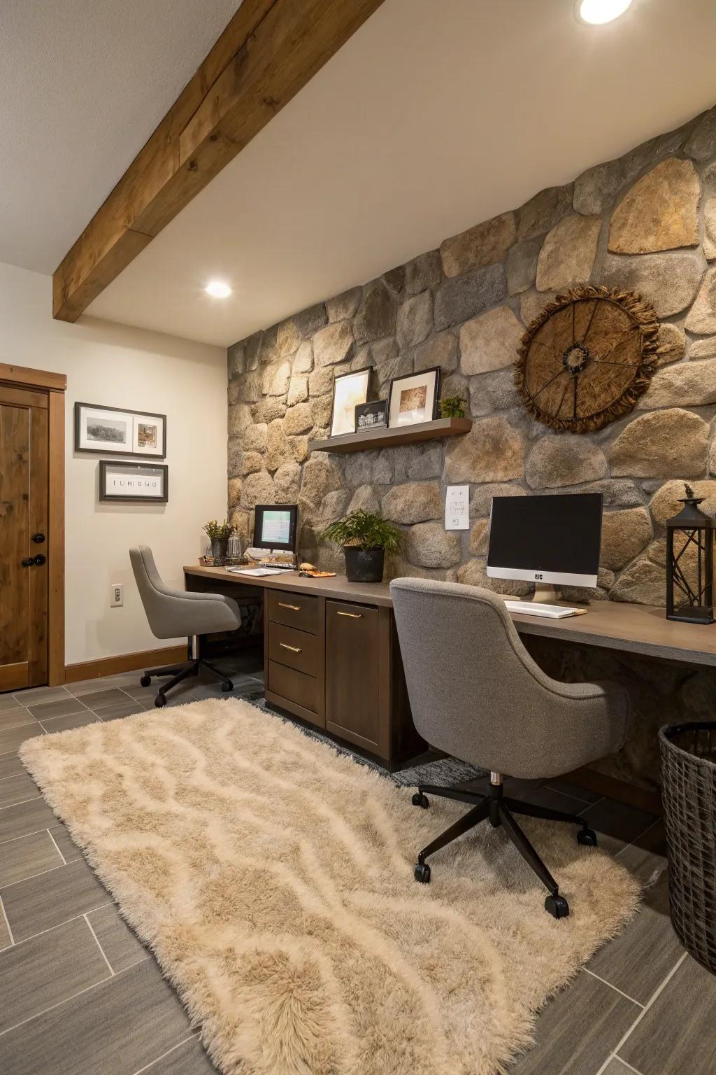 Embossed embellishments infuse depth and opulence into a rustic office design.