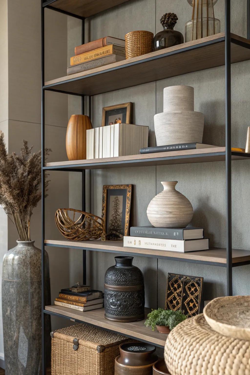 Incorporate depth to your style with layered shelf arrangements.
