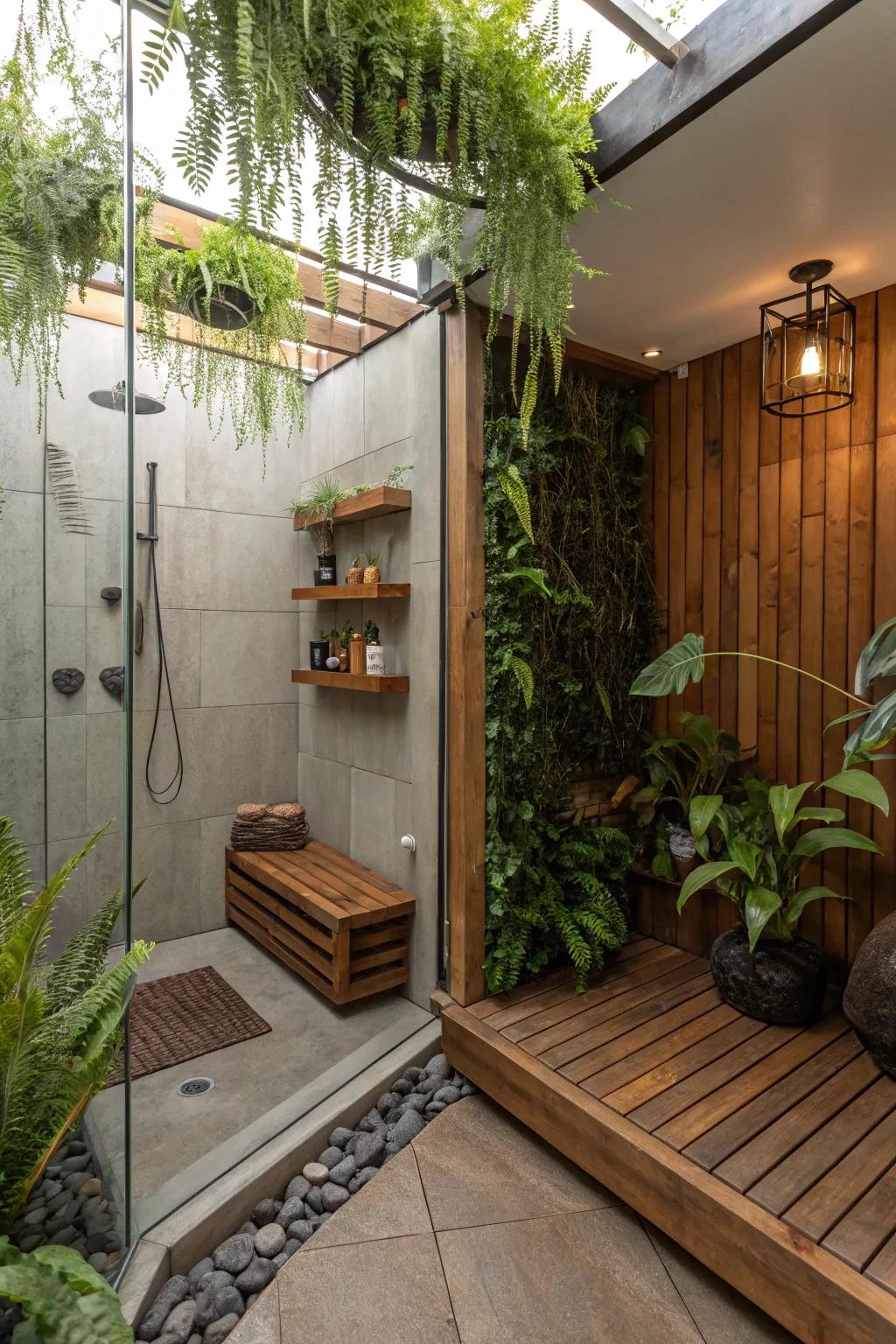 A serene shower area featuring natural elements such as plants and wood.