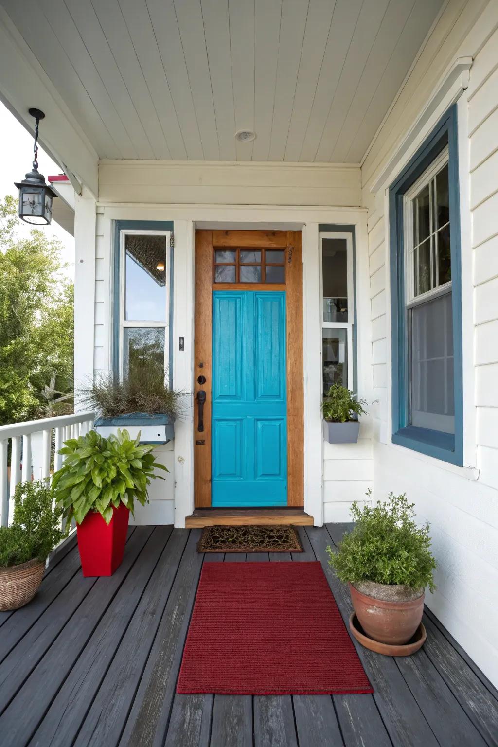 A compact front porch utilizing opposing shades and resources to amplify its aesthetic.