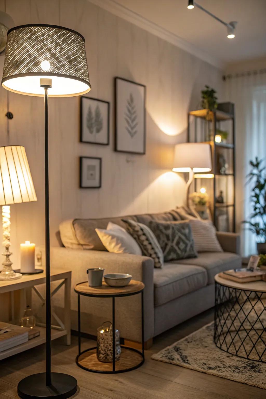Contemporary illumination fittings featured in a small living space to conjure atmosphere.