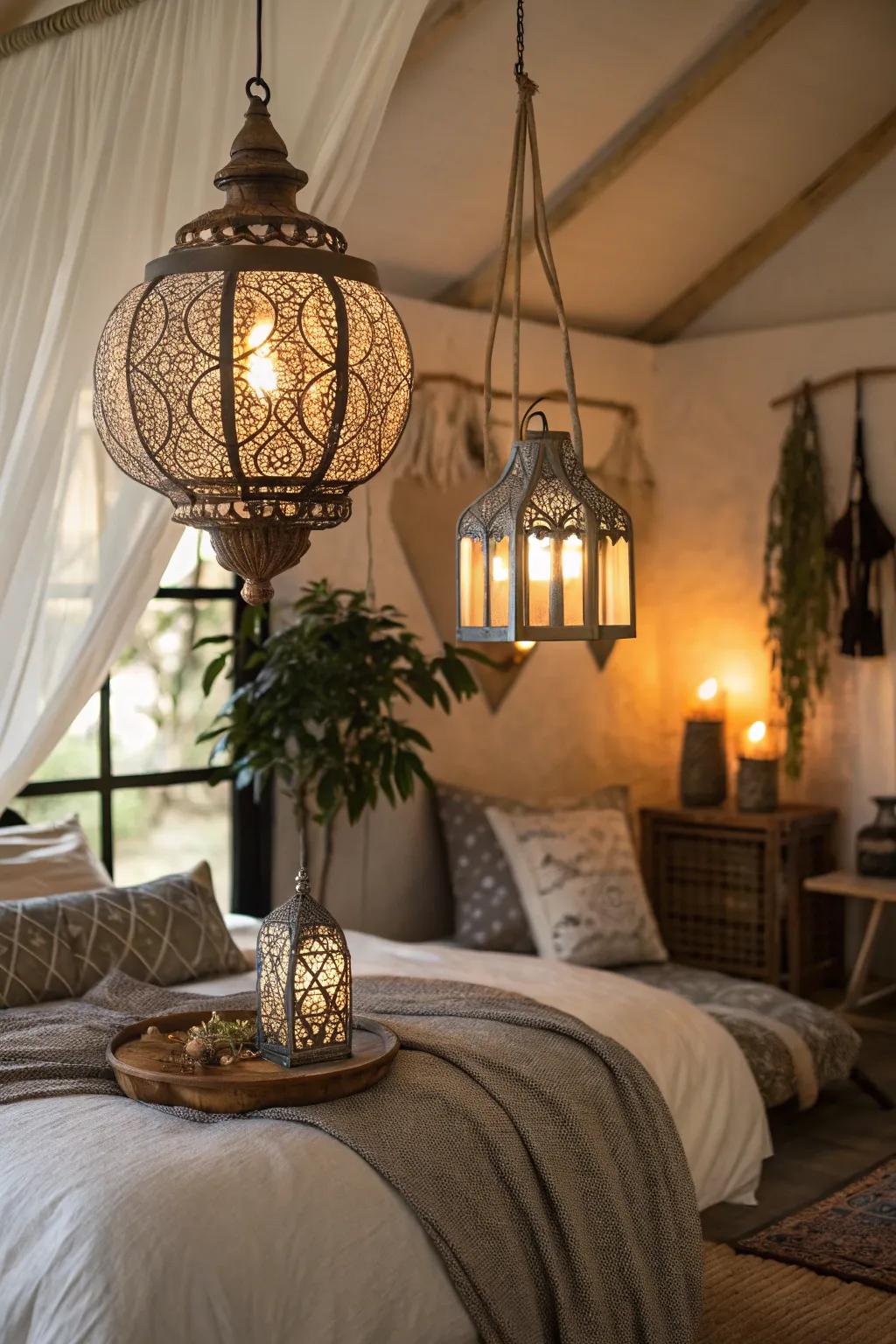 Ornamental lanterns cast a magical and snug glow in a modern Spanish bedroom.
