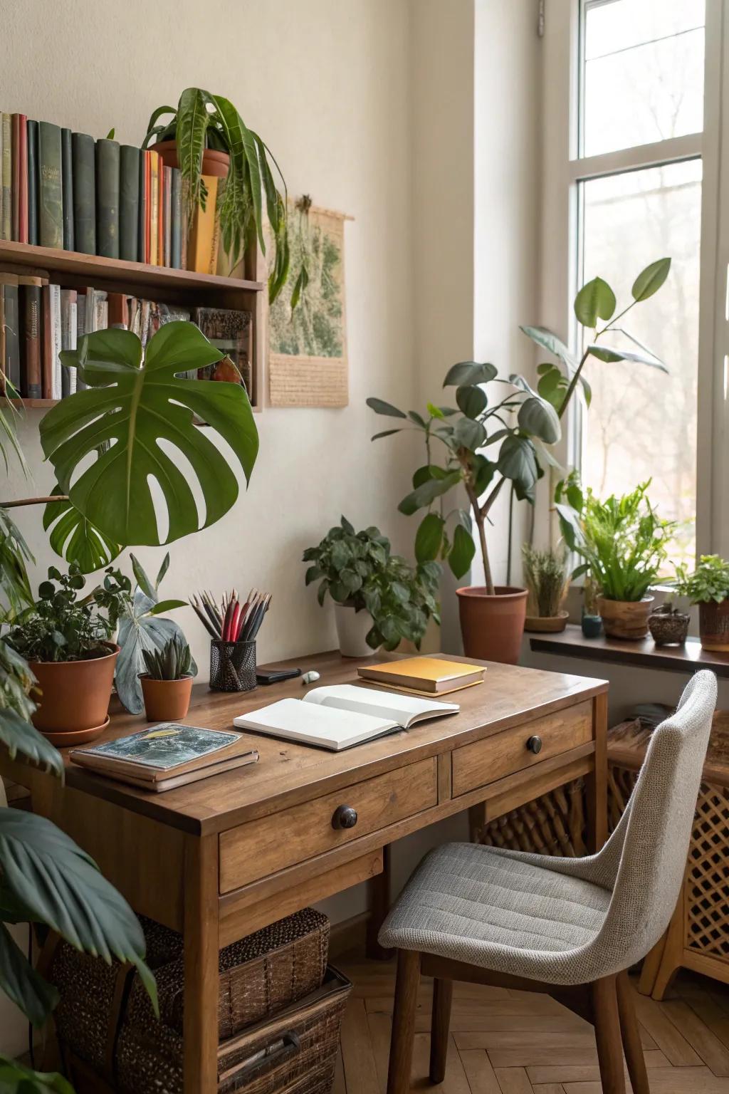 A welcoming and fresh study room enriched with natural elements.