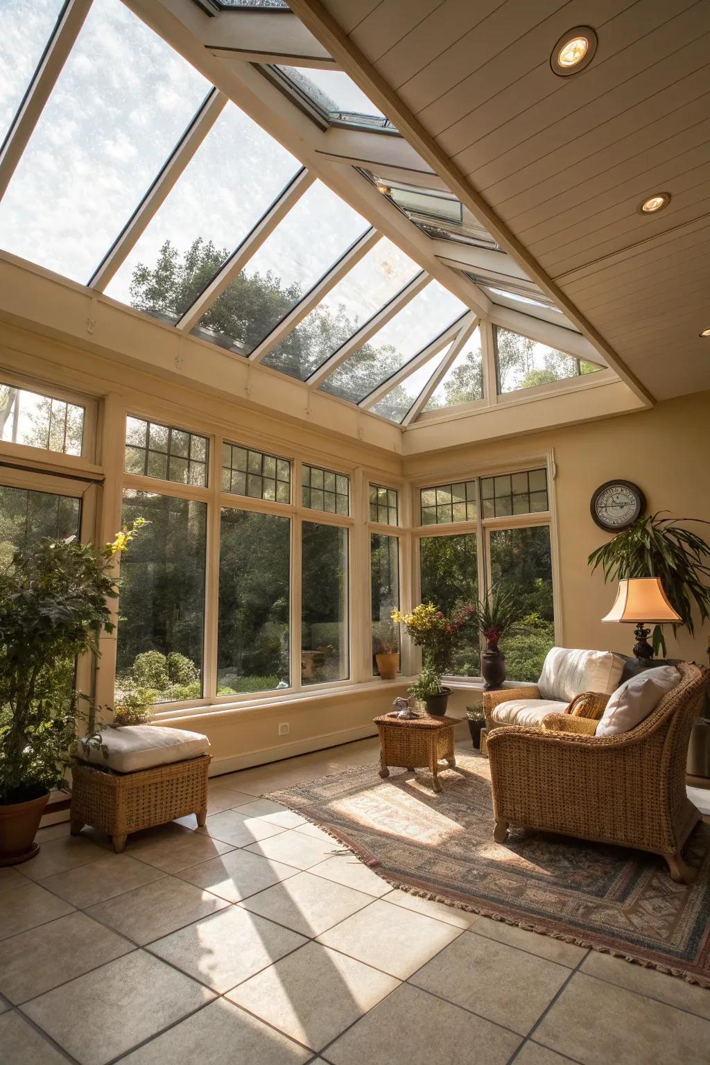 A skylight adds a luminous touch to this modern sunroom.