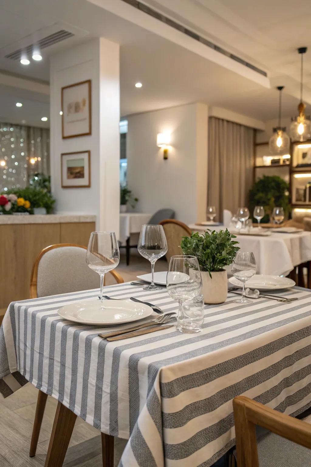 Striped table coverings add beauty to any dining space.