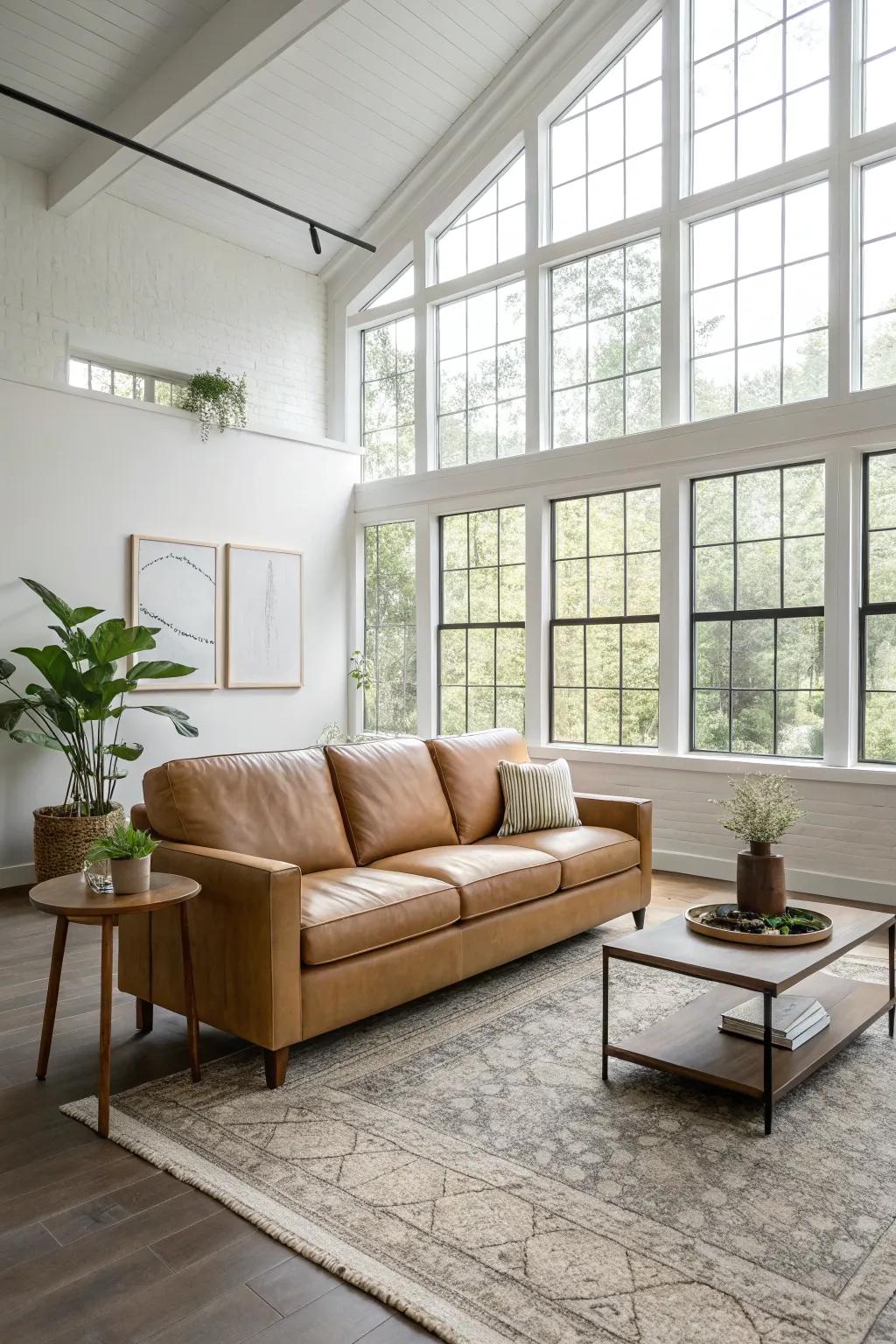 An open layout enhances the appeal of a tawny hide couch.