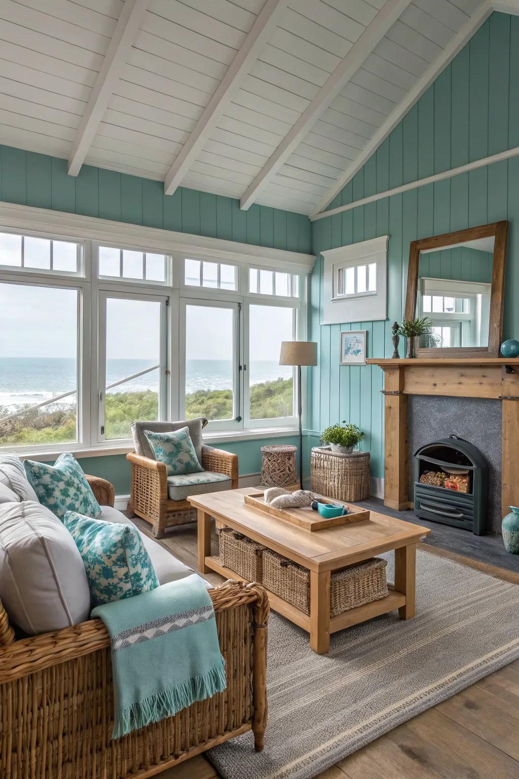 Sea-green and gray paired with natural features for a coastal theme.