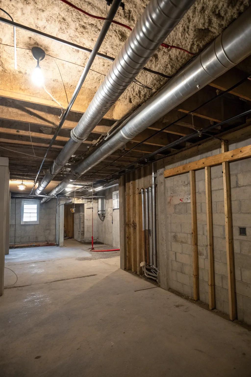 Features from industry bring a modern twist to the unfinished area.